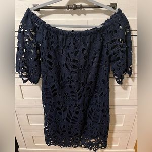 Blue Floral Embroidered Off The Shoulders Lined Dress